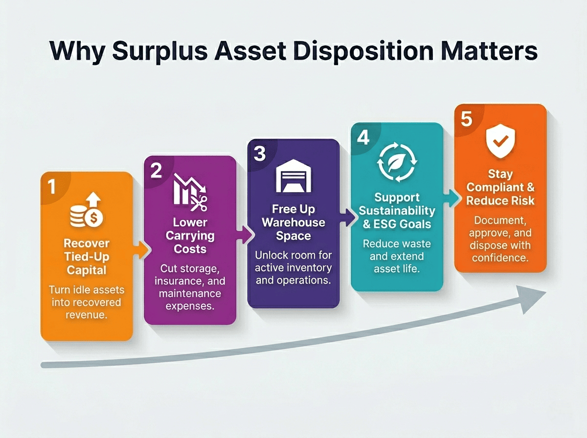 A 5-step process infographic outlining the business, financial, and sustainability benefits of surplus asset disposition.