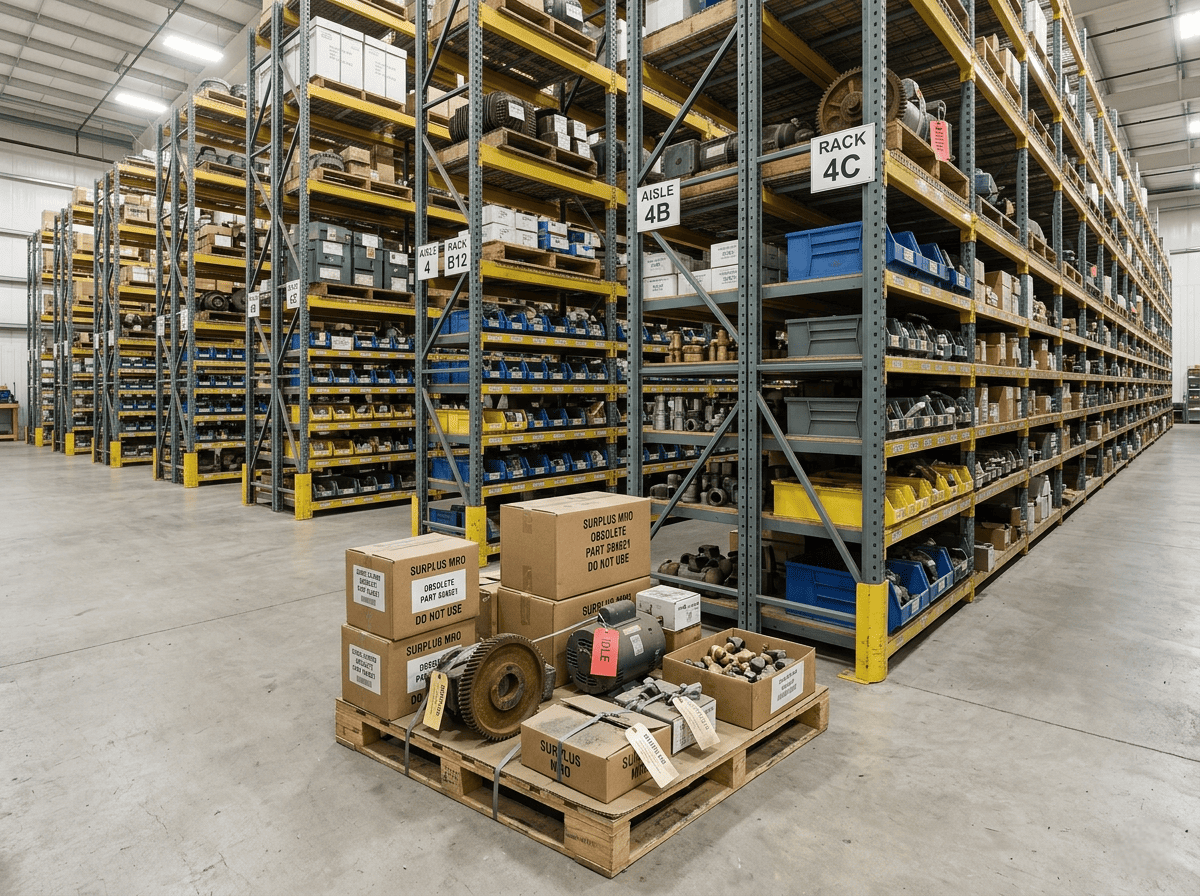 Surplus MRO and spare parts organized on a pallet in a warehouse aisle with labeled boxes, gears, bearings, and industrial shelving in the background.