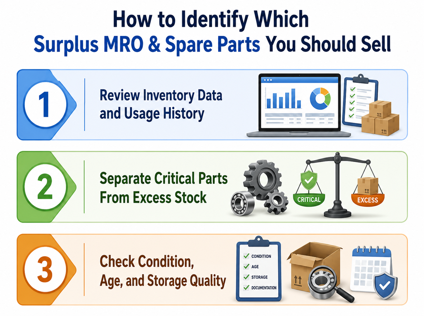 Infographic showing three steps to identify surplus MRO and spare parts to sell: review inventory data, separate critical parts from excess stock, and check condition, age, and storage quality.