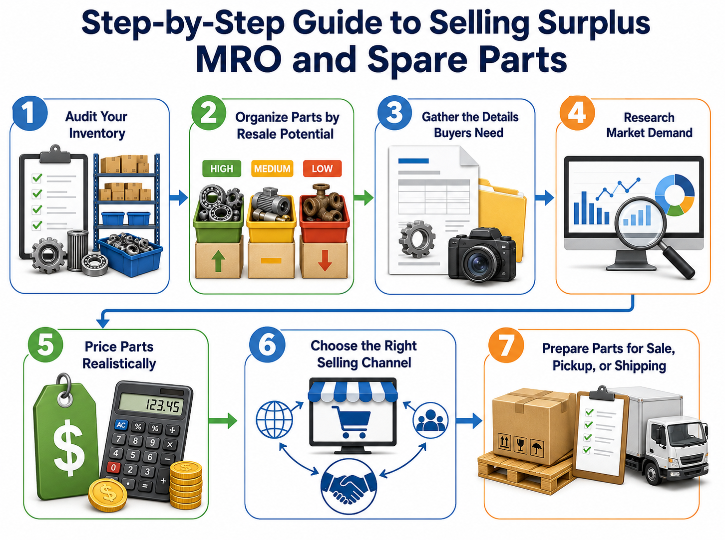 Infographic showing a seven-step guide to selling surplus MRO and spare parts, from auditing inventory and organizing parts by resale potential to pricing, choosing a sales channel, and preparing parts for pickup or shipping.