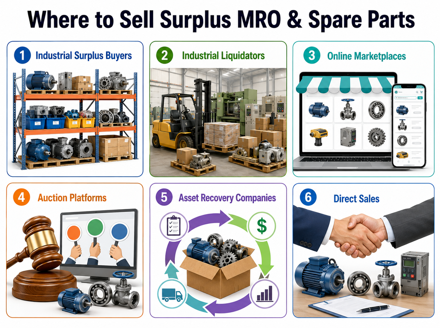 Infographic showing six places to sell surplus MRO and spare parts, including industrial surplus buyers, industrial liquidators, online marketplaces, auction platforms, asset recovery companies, and direct sales.