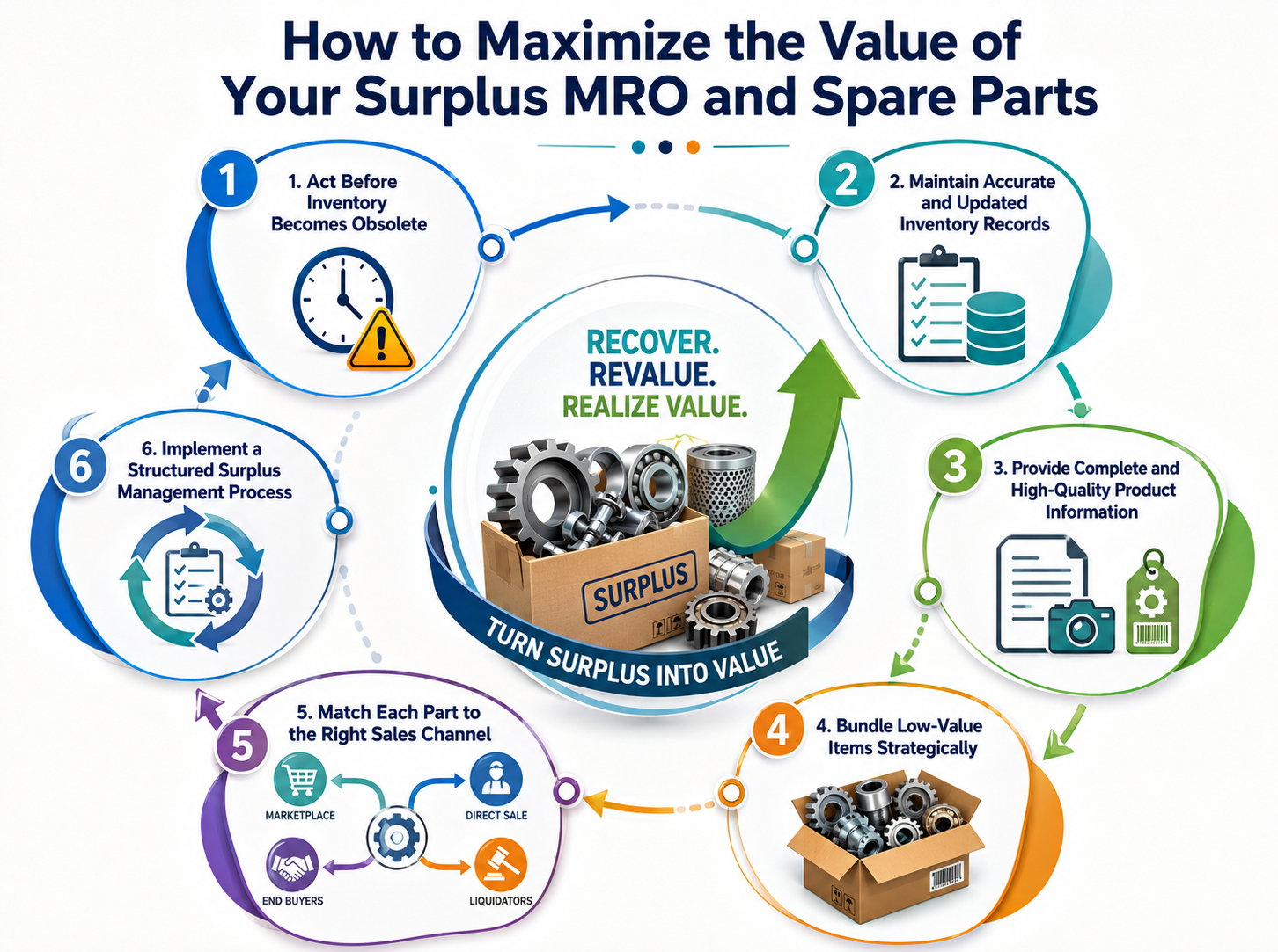 Infographic showing six ways to increase surplus MRO and spare parts value.