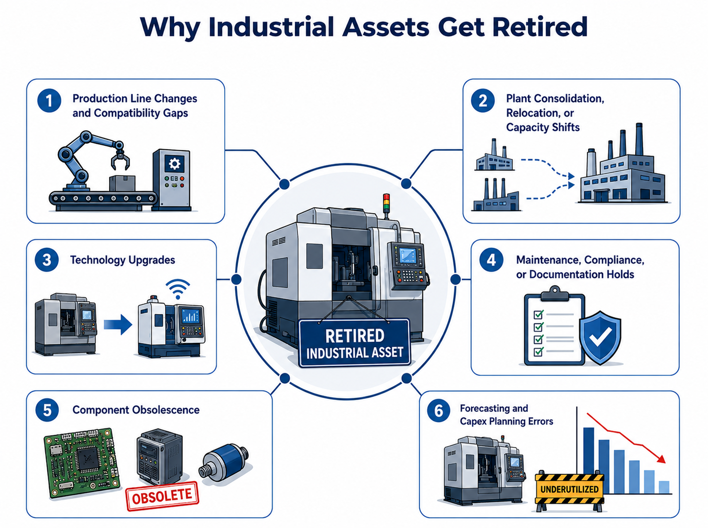 Infographic showing six common reasons industrial assets are retired
