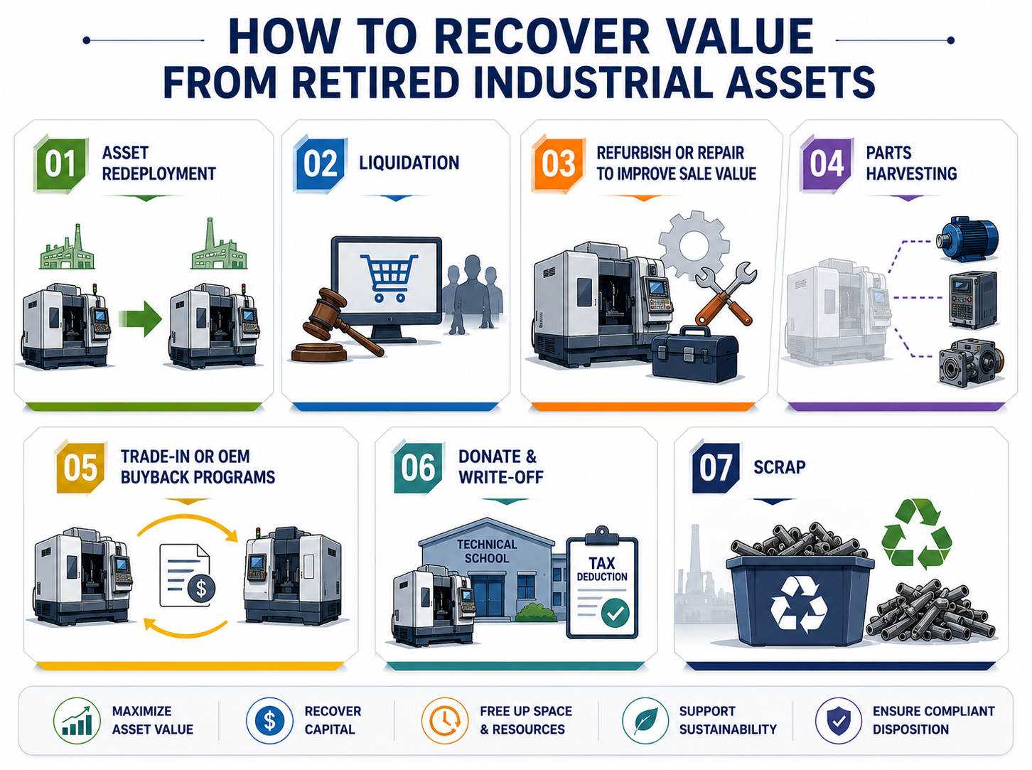 Infographic showing seven ways to recover value from retired industrial assets.