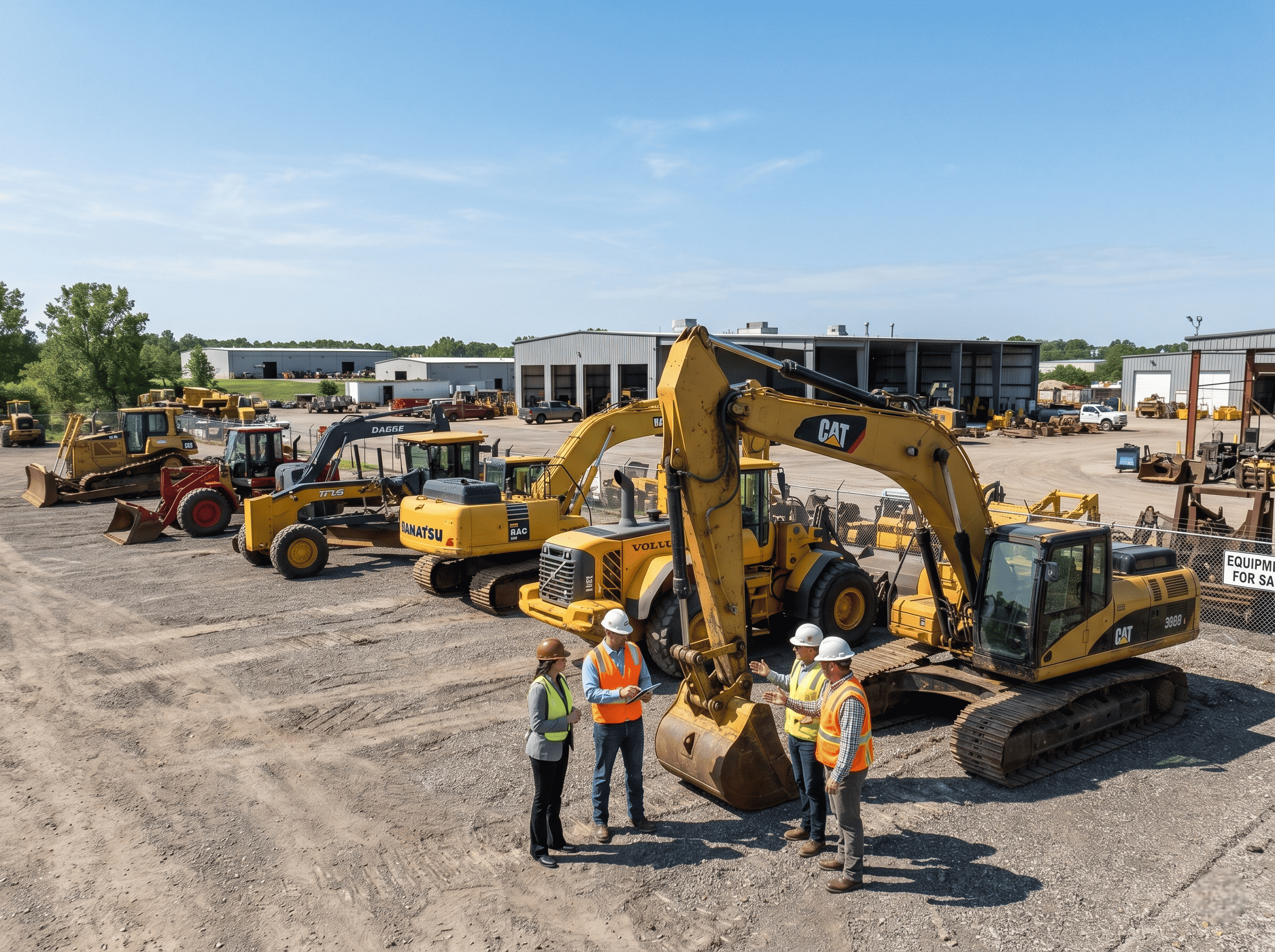 Heavy equipment buyers inspect excavators and loaders at an equipment sales yard.