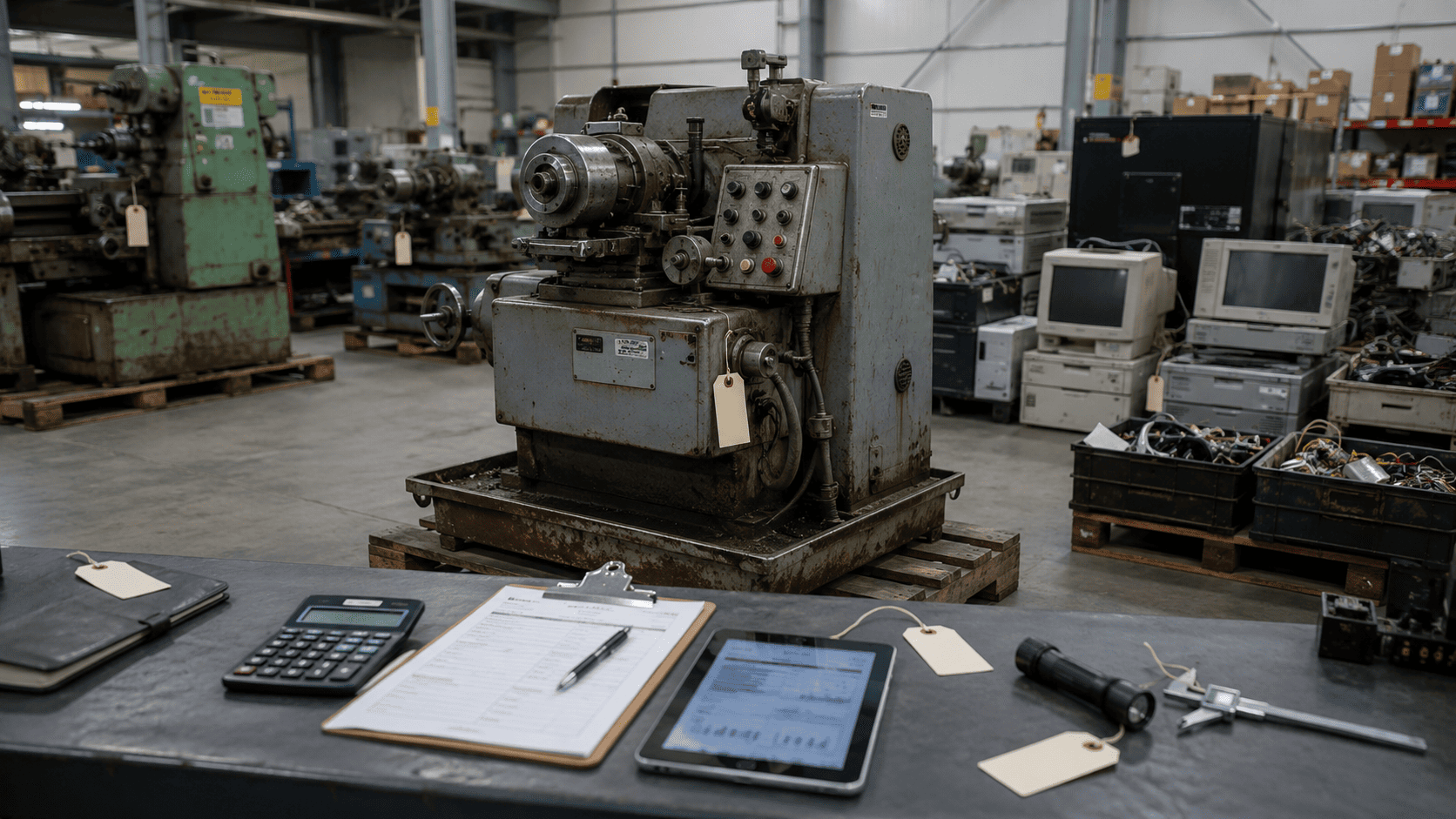 Older industrial machine being assessed with pricing records, inspection tools, a calculator, and market data.