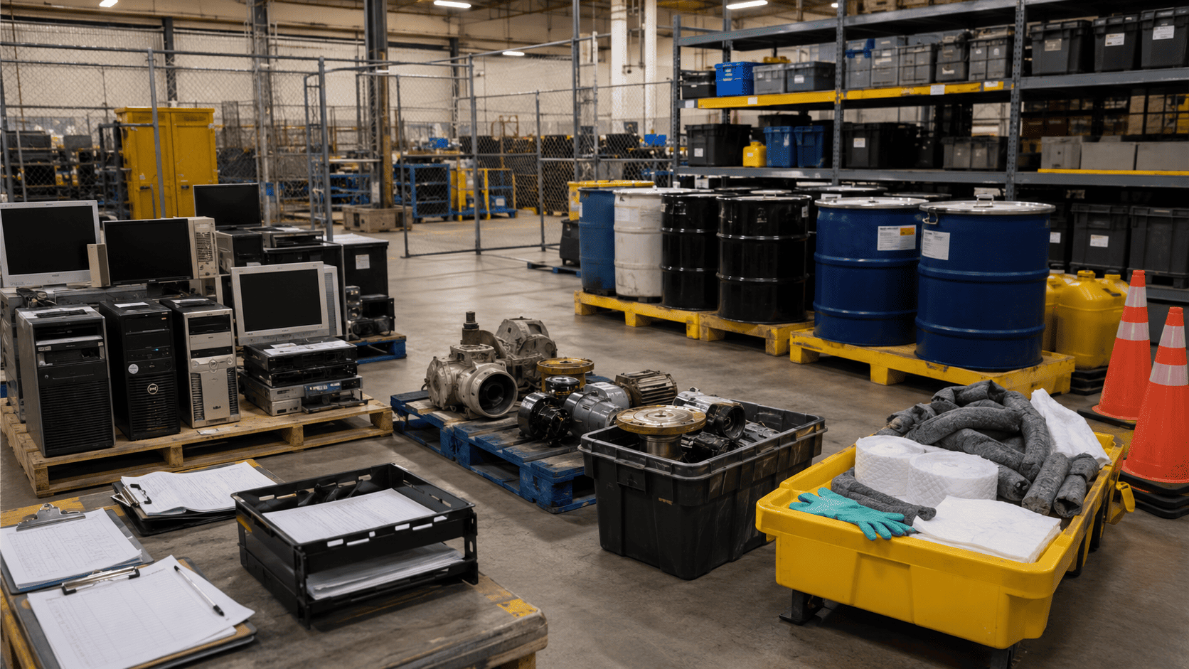 Old computers, industrial equipment, chemical drums, spill-control supplies, and compliance records arranged for regulated disposal.