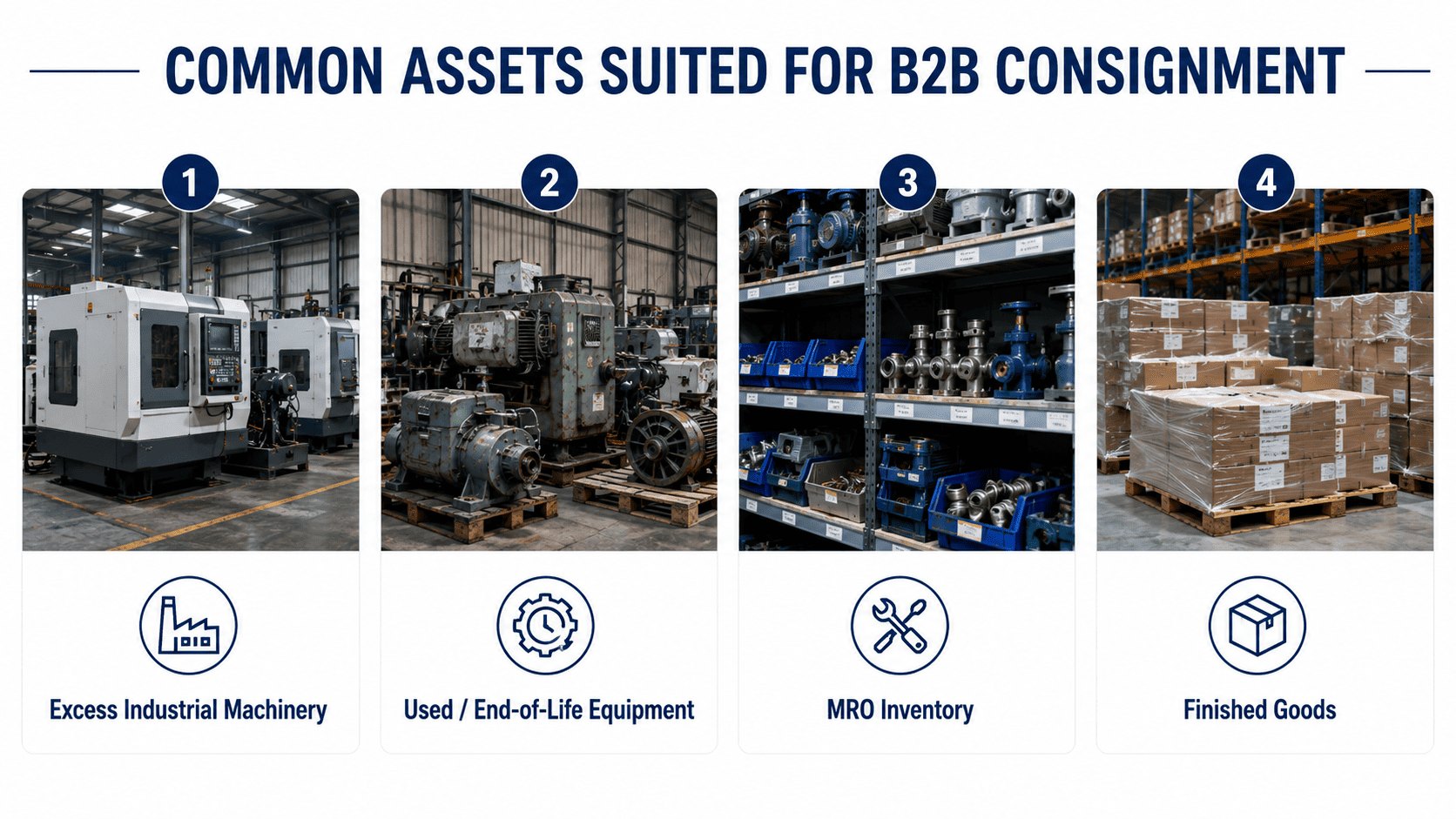 Four asset types suited for B2B consignment, including excess machinery, used equipment, MRO inventory, and finished goods.