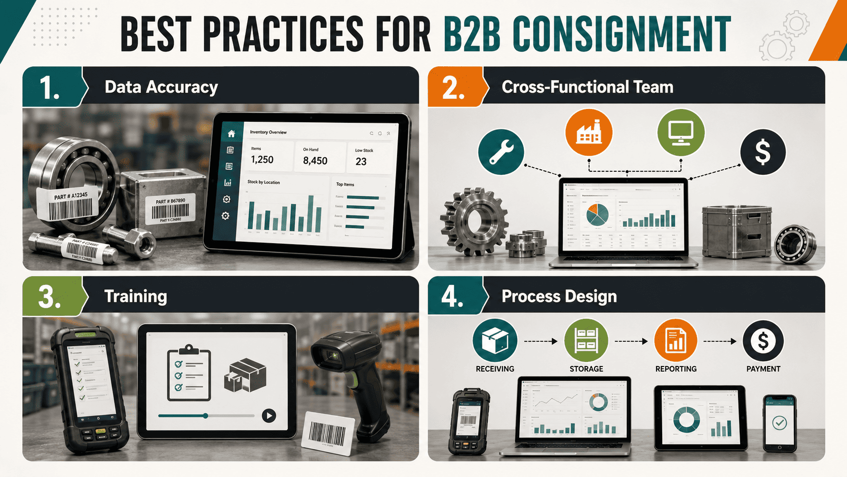 B2B consignment best practices showing data accuracy, cross-functional coordination, staff training, and process design.