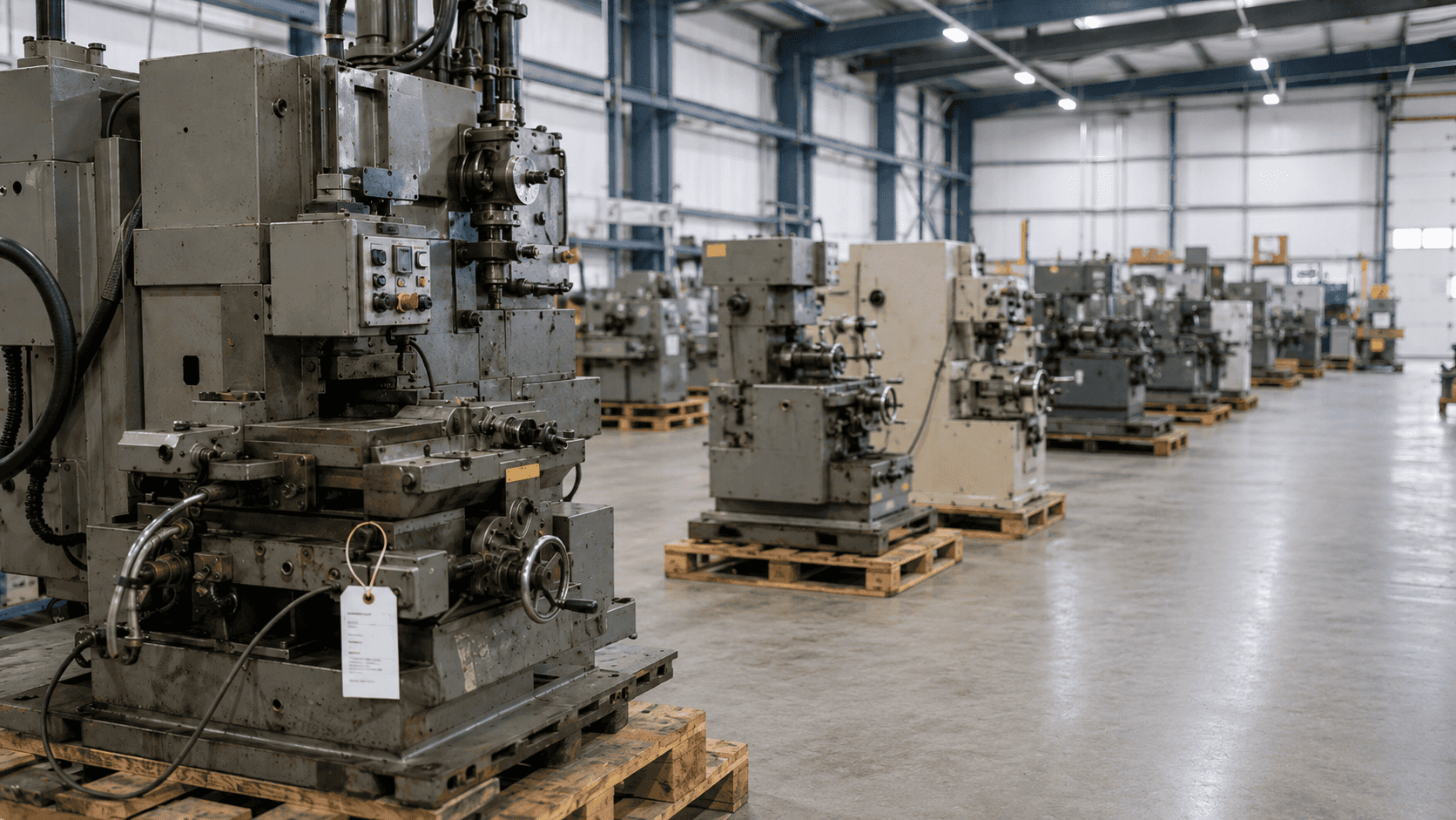 Used industrial machinery arranged on pallets inside a clean warehouse for B2B consignment and resale.