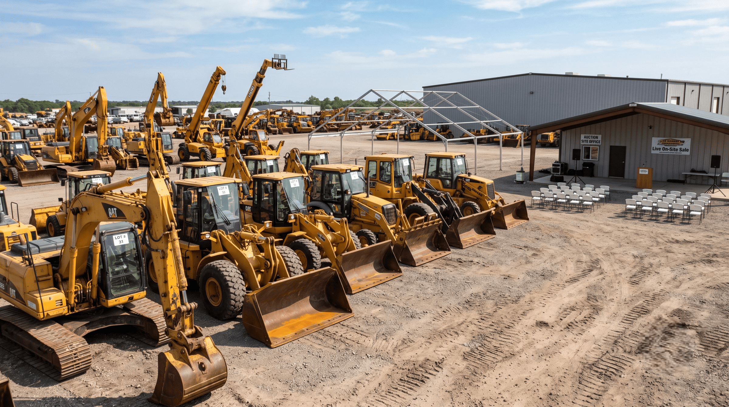Live on-site industrial auction with heavy equipment arranged for buyer inspection.