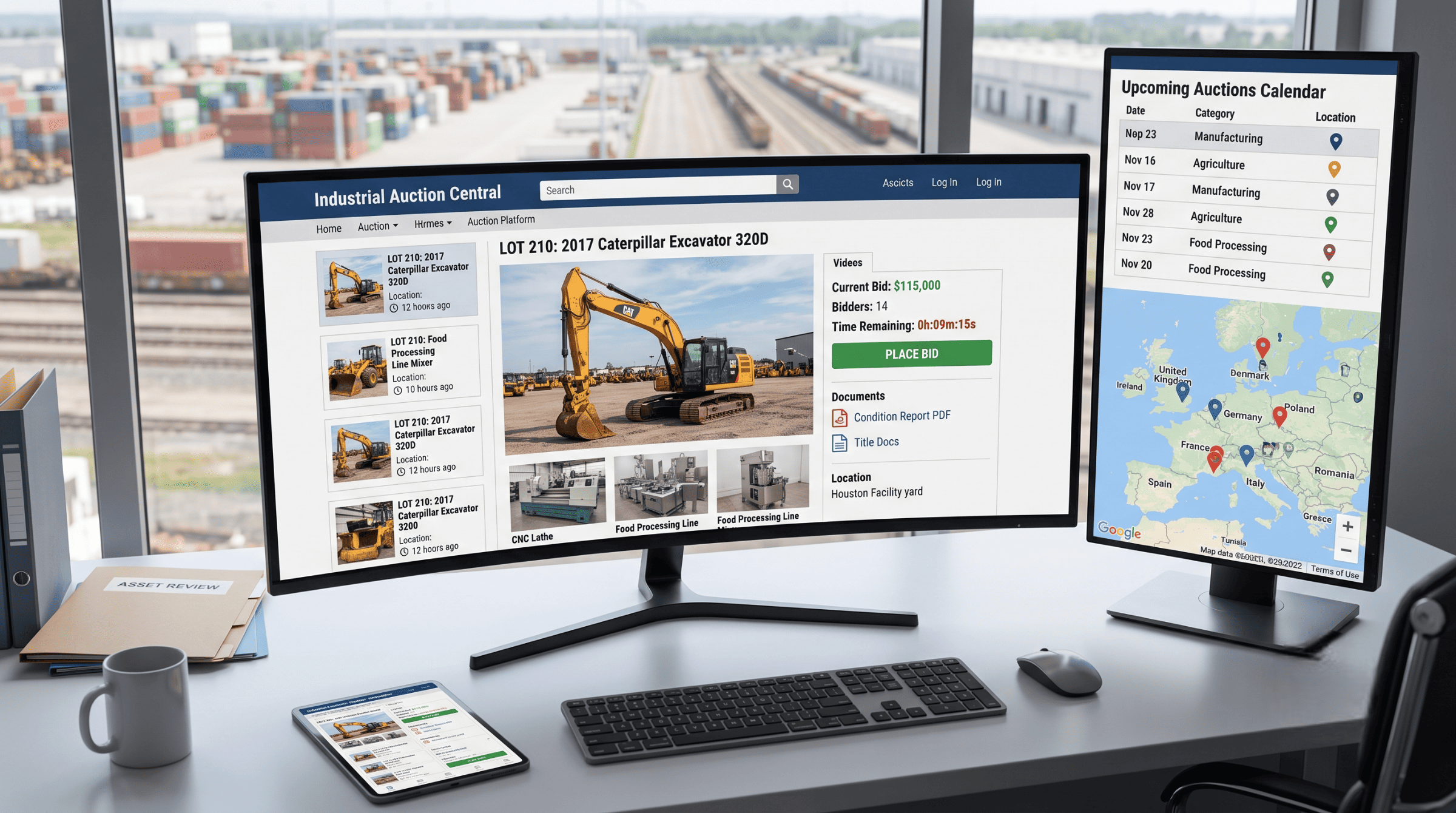 Online industrial equipment auction platform showing machinery listings, bid details, and upcoming auction locations.