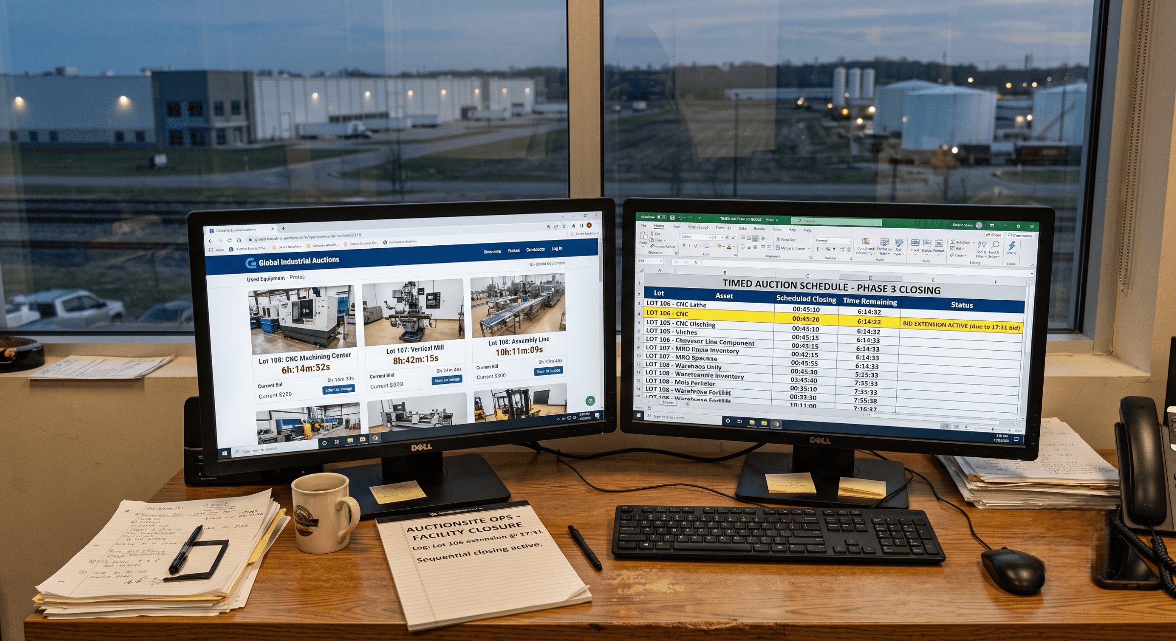Timed online industrial auction dashboard showing equipment lots, closing times, and bid extension status.