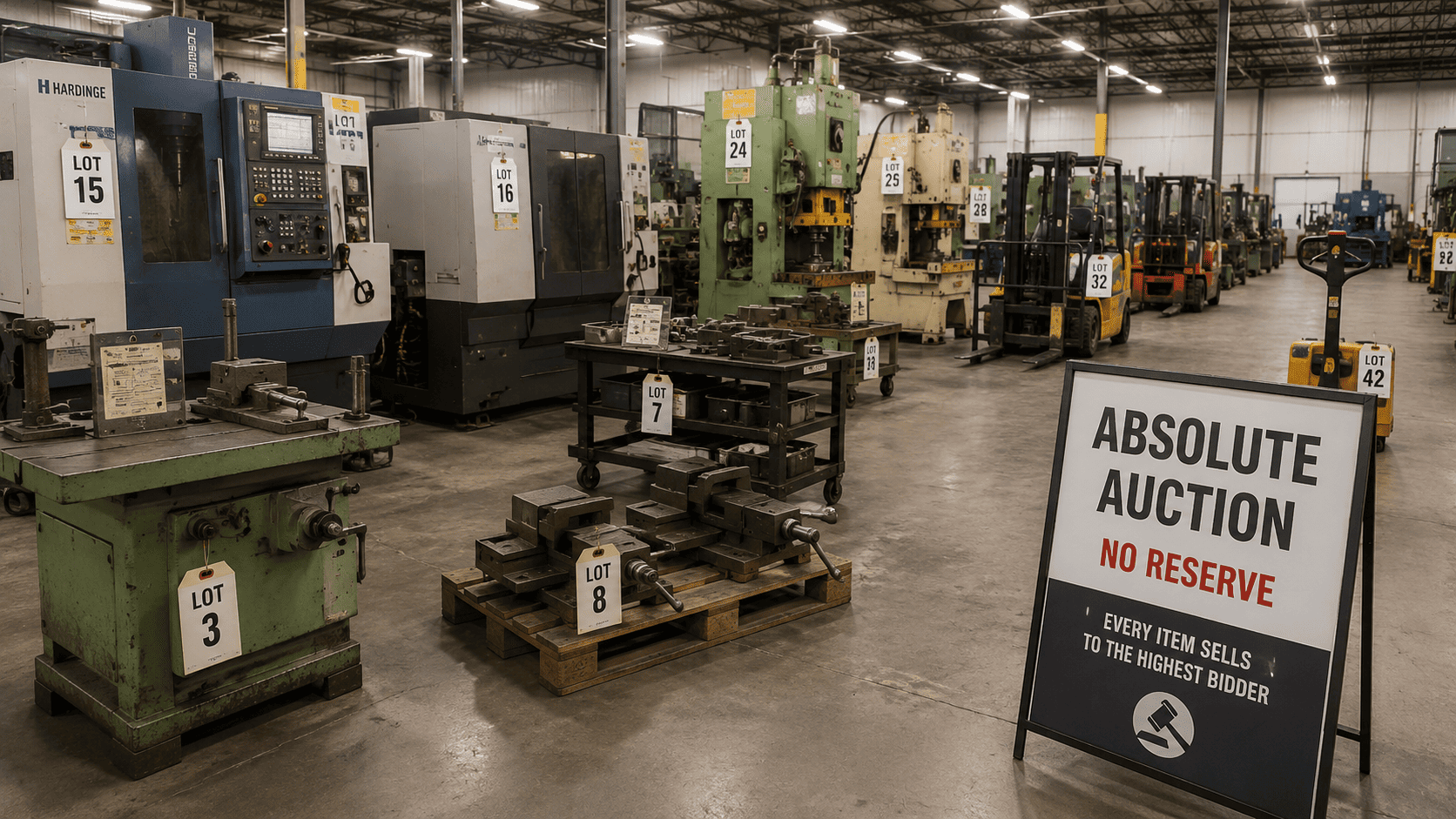 Absolute industrial auction with used machinery lots arranged in a warehouse and no-reserve sale signage.