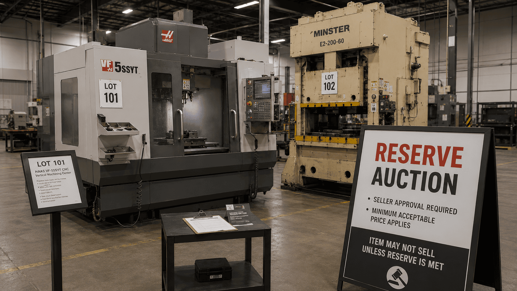 Reserve industrial auction with high-value machinery, lot labels, and minimum price sale signage.
