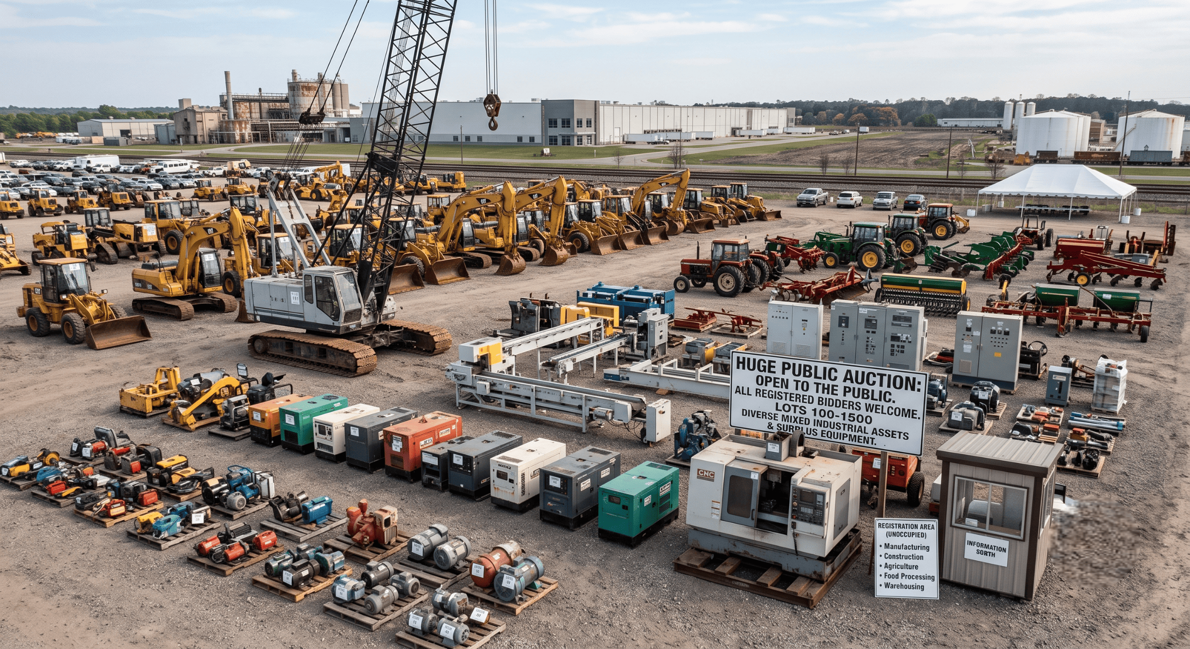 Public industrial auction yard with heavy equipment, machinery lots, generators, and surplus assets open to registered bidders.
