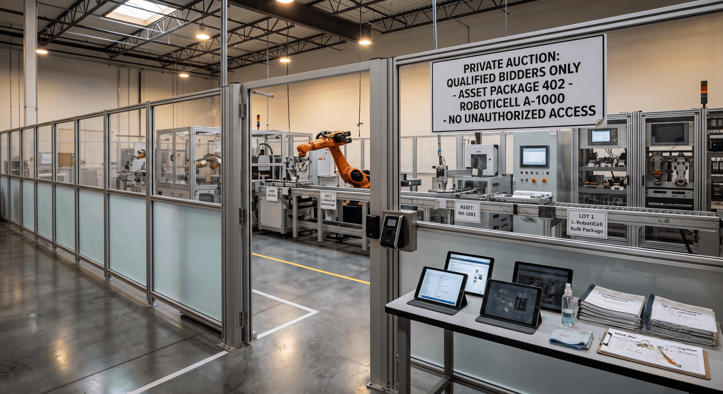 Private industrial auction area with restricted access signage, robotic equipment, laptops, bid documents, and asset package materials inside a clean manufacturing facility.