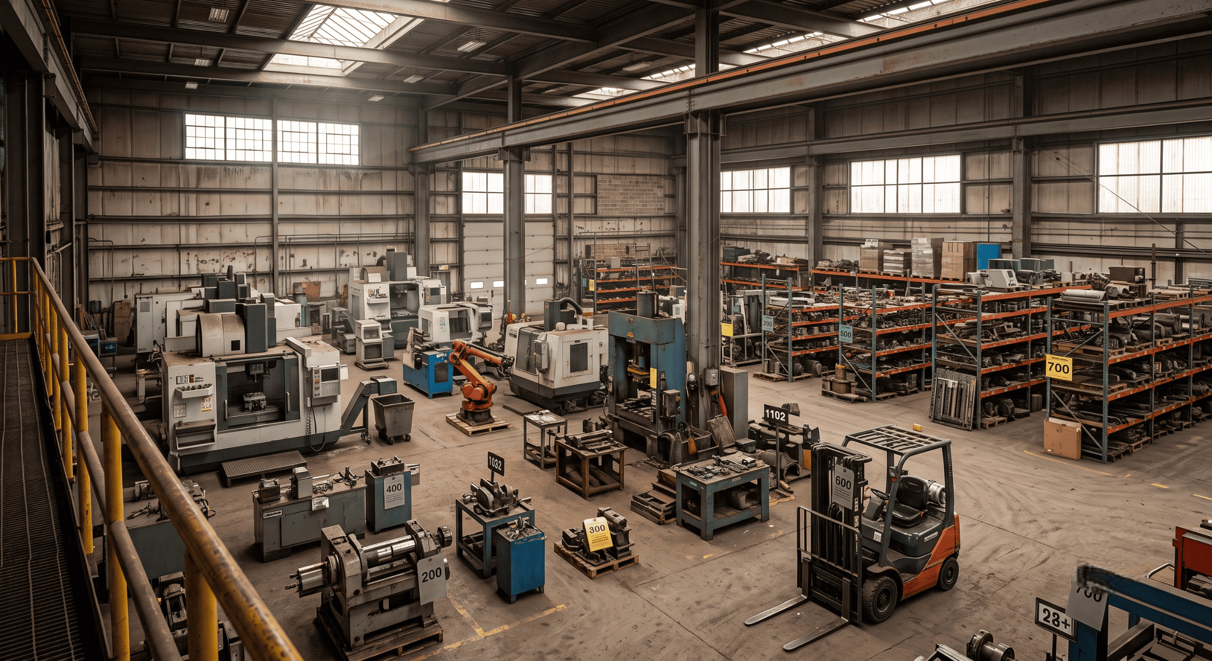 Industrial liquidation auction floor with CNC machines, warehouse racking, forklifts, spare parts, and tagged equipment lots arranged inside a large manufacturing facility.