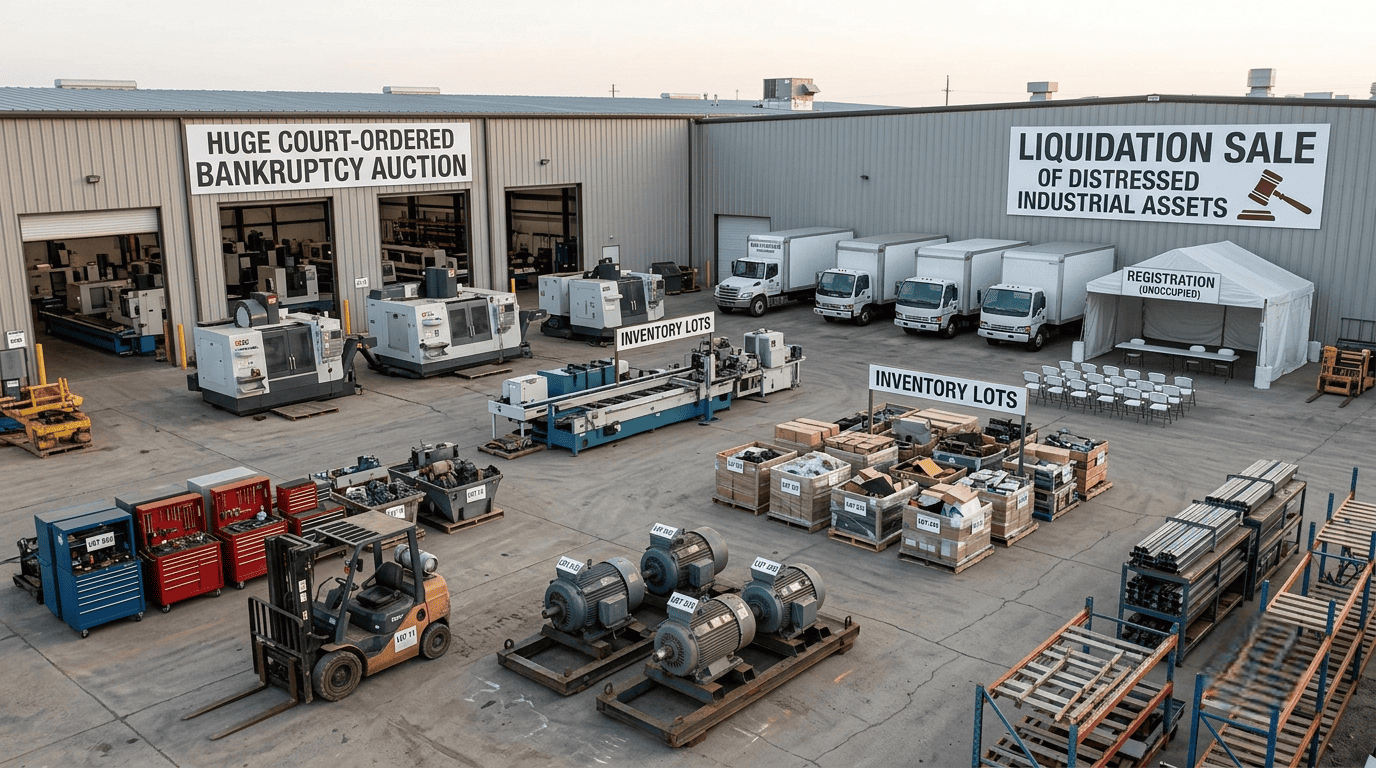 Bankruptcy auction yard with distressed industrial assets, CNC machines, inventory lots, trucks, forklifts, and equipment staged outside a manufacturing facility.