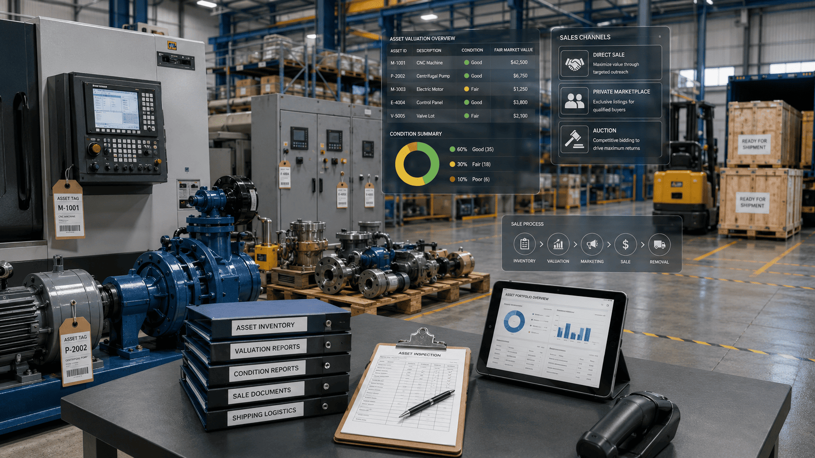 Surplus industrial machinery organized for valuation, sale, documentation, and removal.