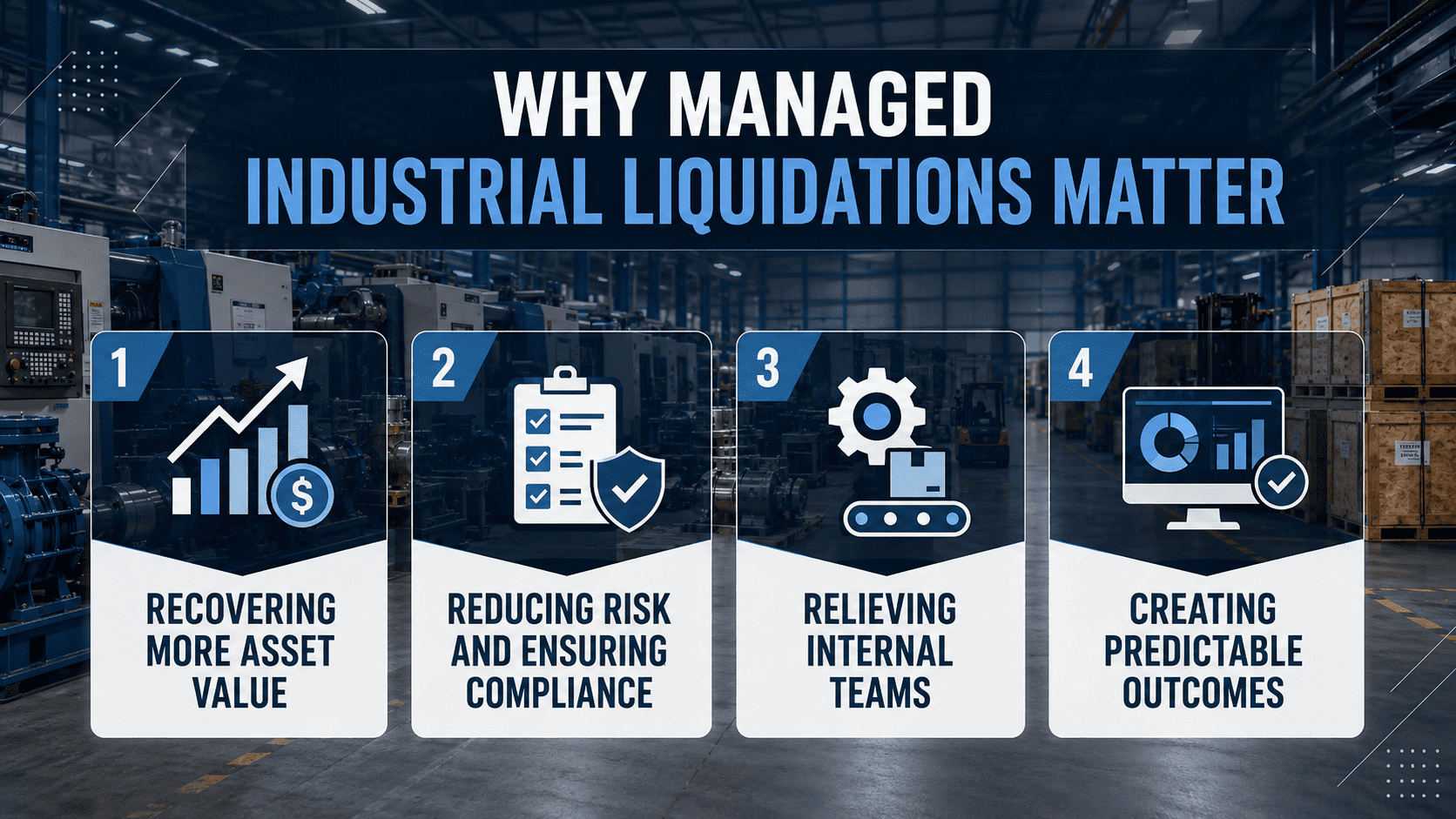 Infographic showing asset value recovery, compliance, internal support, and predictable liquidation outcomes.