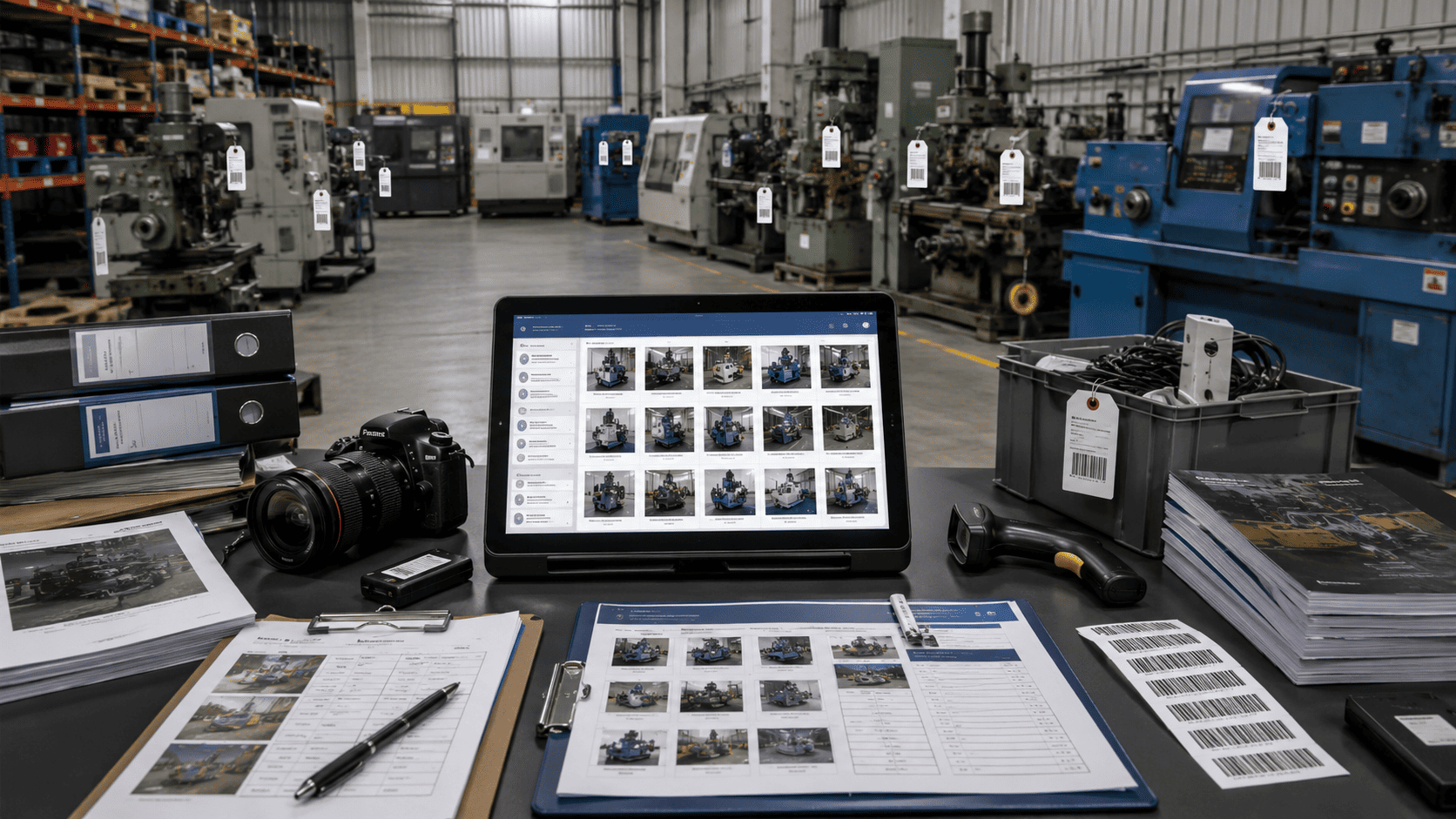 Tagged industrial machinery documented with photos, condition records, specifications, and inventory data.