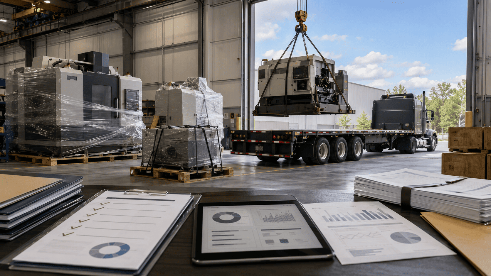 Sold industrial machinery safely loaded for transport during liquidation removal and project closeout.