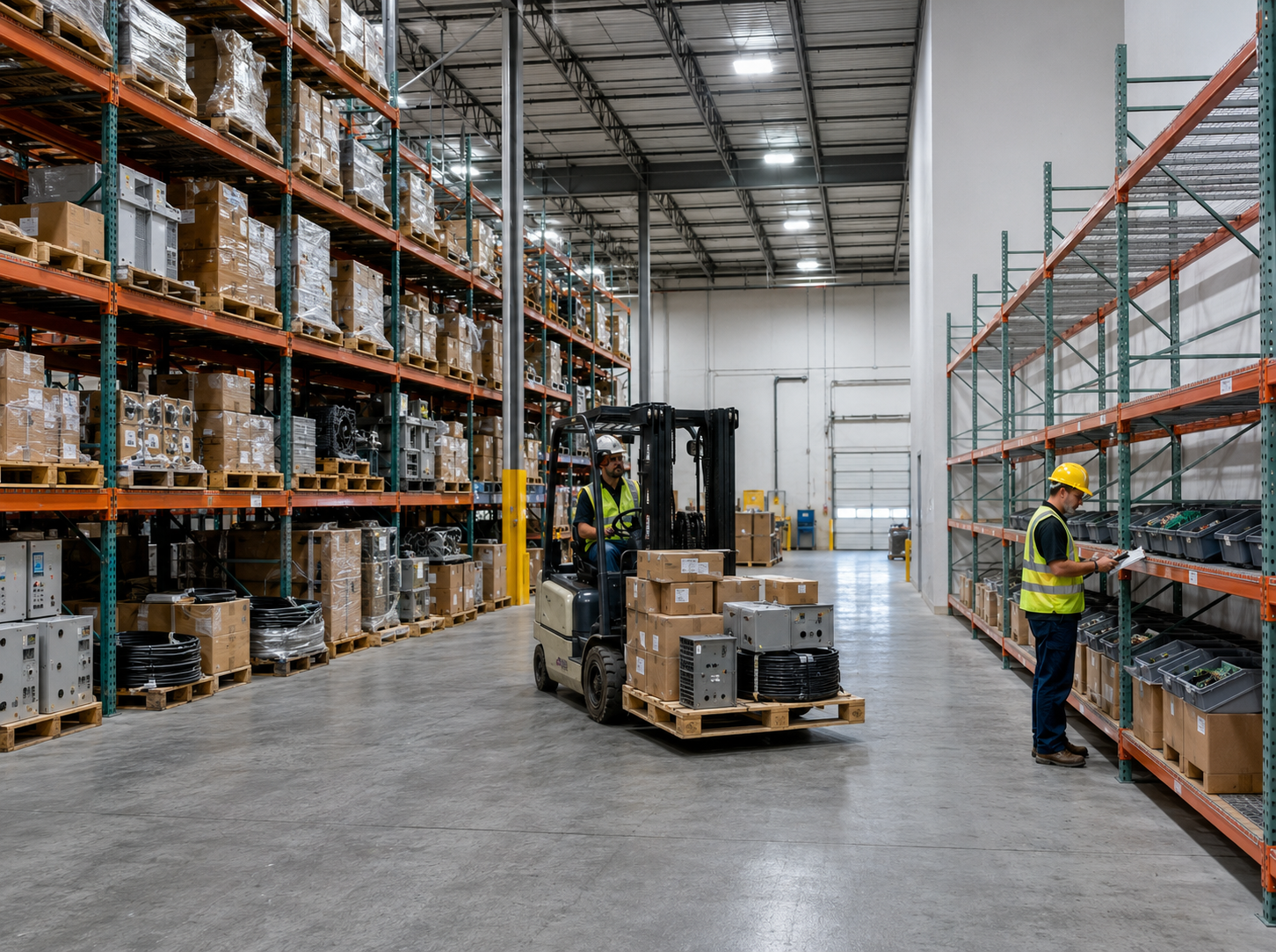 Forklift transporting industrial parts from an overstocked warehouse area to shelves with low inventory while a worker checks stock levels.