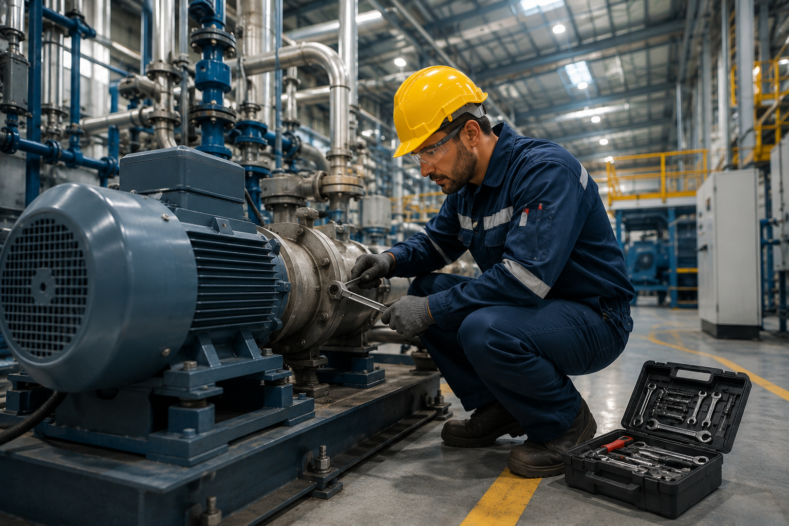 Industrial maintenance technician repairing a pump motor in a manufacturing facility.
