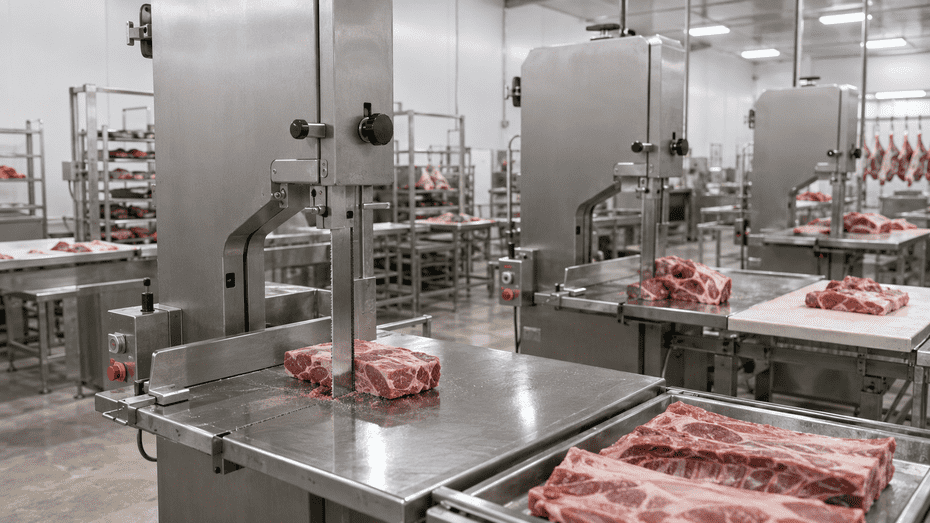 Industrial meat band saws cutting large bone-in meat portions inside a commercial processing plant.
