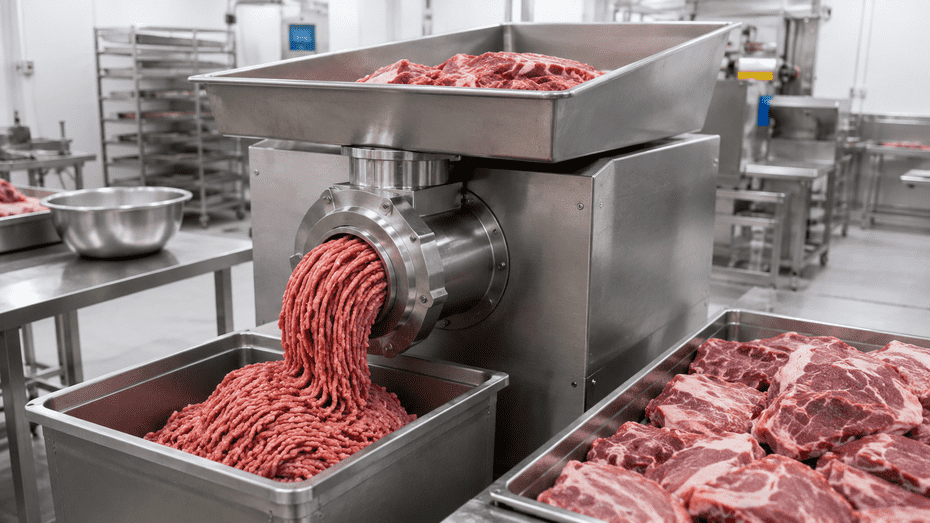Industrial meat grinder processing raw beef into ground meat inside a commercial meat processing plant.