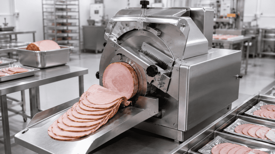 Industrial meat slicer cutting cooked ham into uniform slices in a commercial processing plant.