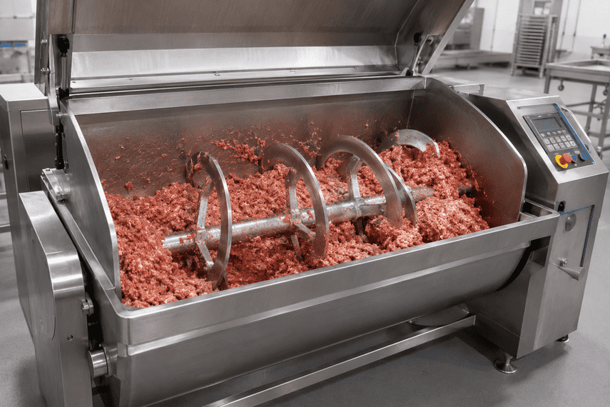 Industrial meat mixer blending ground meat with large rotating paddles in a commercial processing plant.