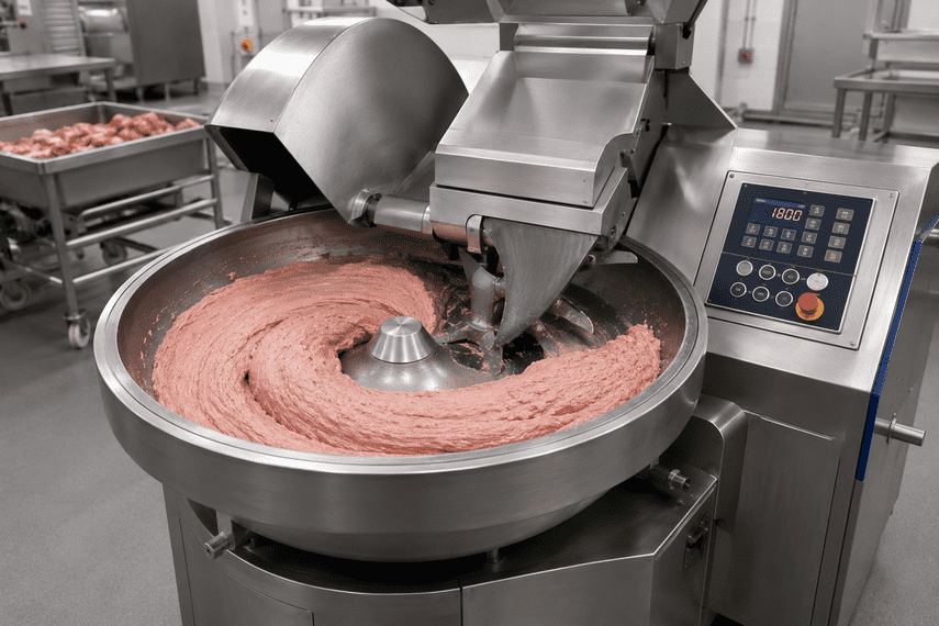 Industrial bowl cutter processing meat into a smooth, uniform mixture in a commercial meat processing plant.