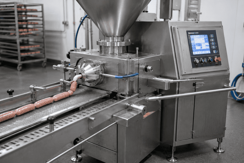Industrial sausage forming machine producing uniform sausage links on a conveyor in a commercial meat processing plant.
