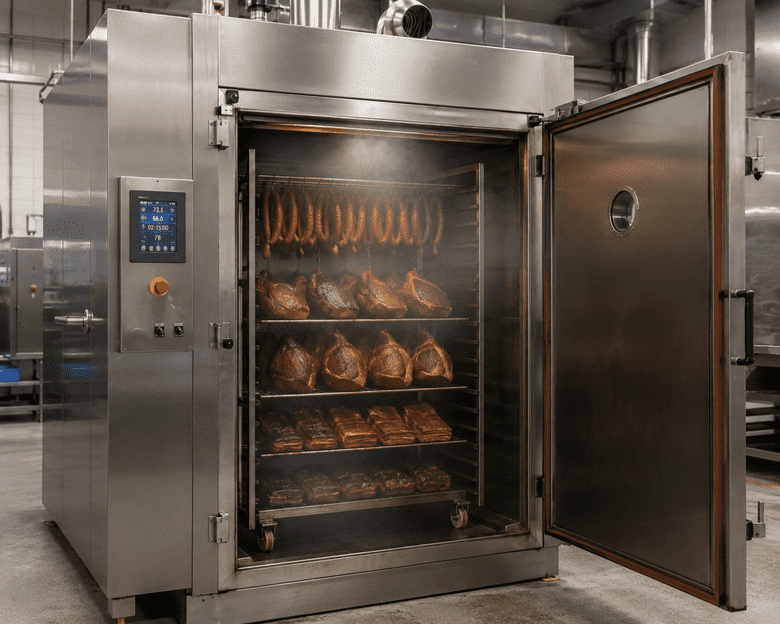 Industrial smoking oven cooking and smoking sausages, hams and bacon in a commercial meat processing plant.