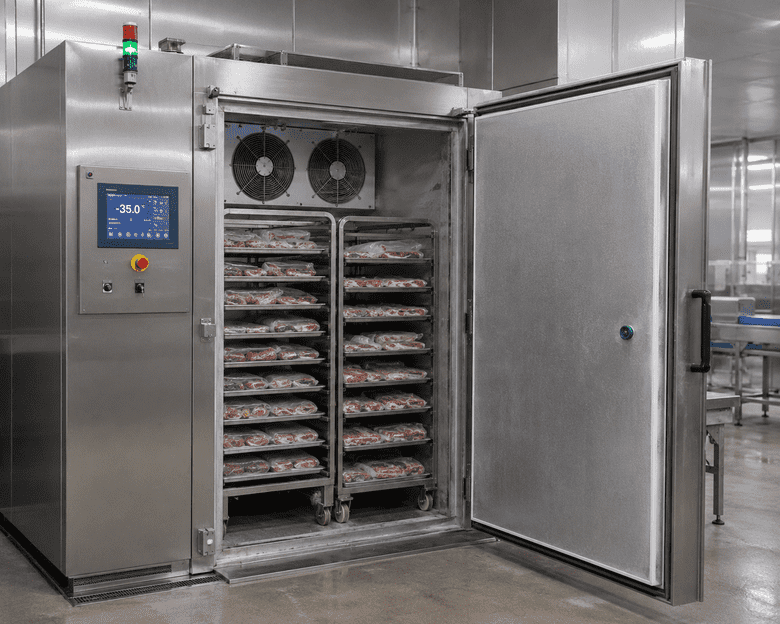Industrial blast freezer holding racks of packaged meat at minus 35 degrees Celsius in a commercial processing plant.