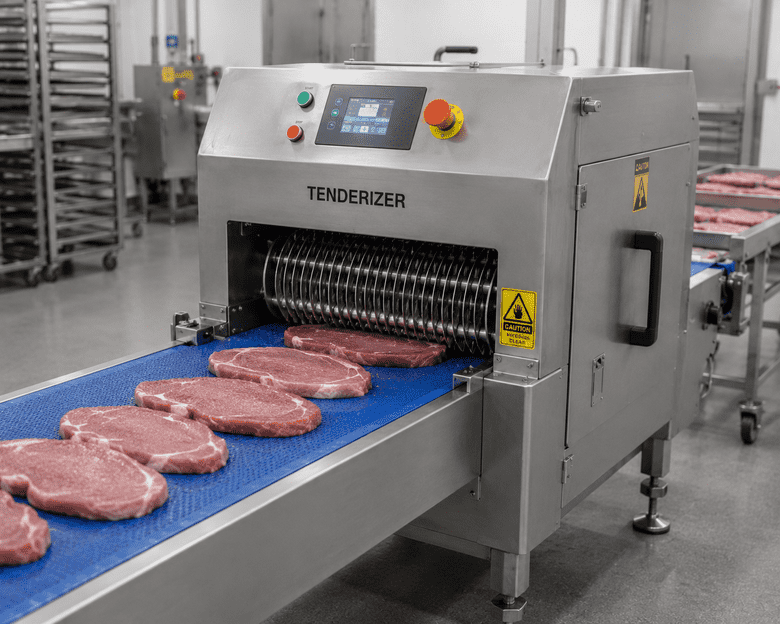 Industrial meat tenderizer processing beef steaks on a conveyor in a commercial meat processing plant.