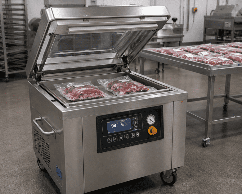 Industrial vacuum packing machine sealing packaged meat in a commercial meat processing plant.