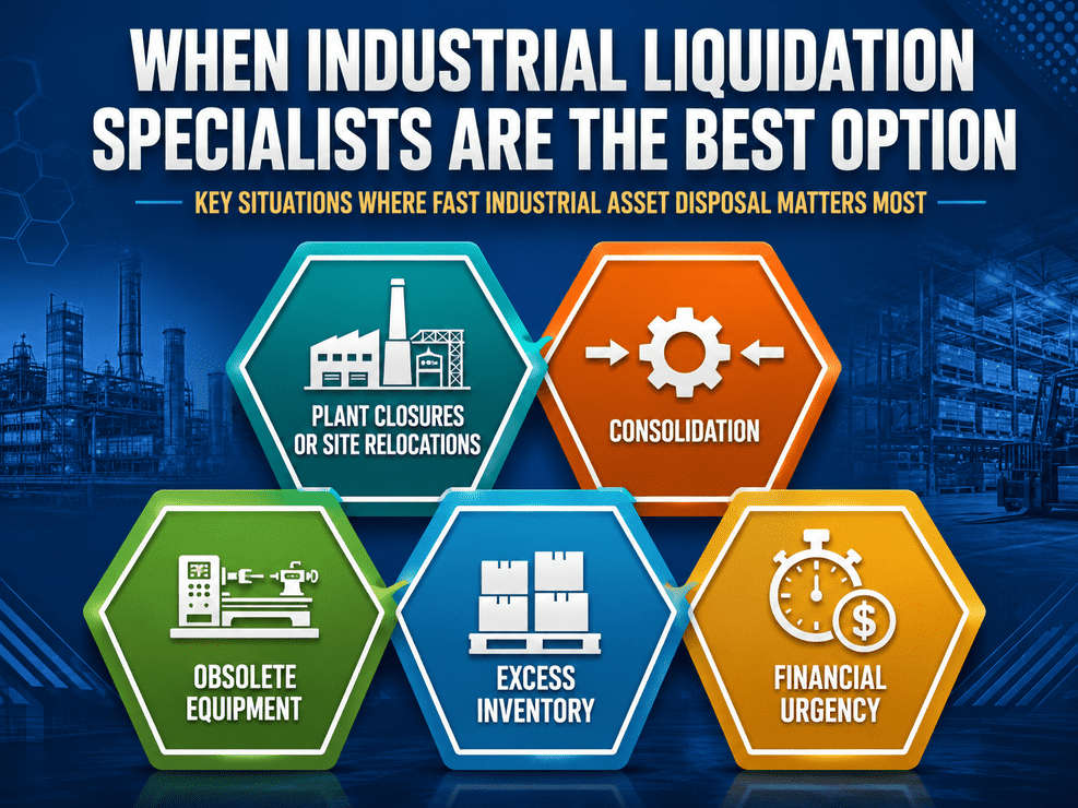 Industrial facility graphic outlining five reasons to hire liquidation specialists: closures or relocations, consolidation, obsolete equipment, excess inventory, and urgent cash needs.