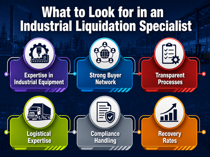 Six criteria for choosing an industrial liquidation specialist: equipment knowledge, buyer connections, transparent processes, logistics support, compliance handling, and recovery rates.