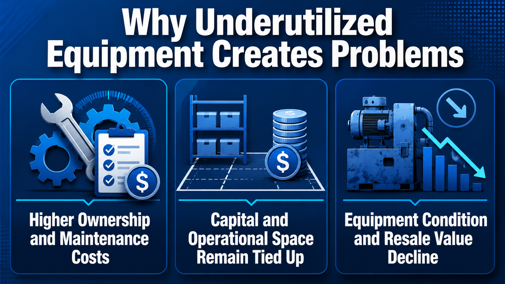 Infographic showing how underutilized equipment increases ownership and maintenance costs, ties up capital and operational space, and loses condition and resale value.