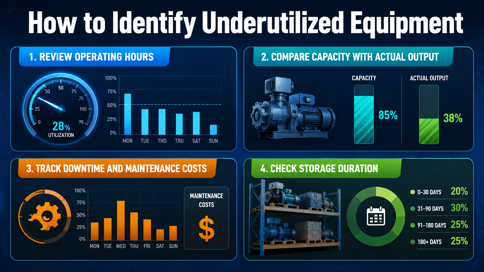 Infographic showing four ways to identify underutilized equipment: review operating hours, compare capacity with actual output, track downtime and maintenance costs, and check storage duration.