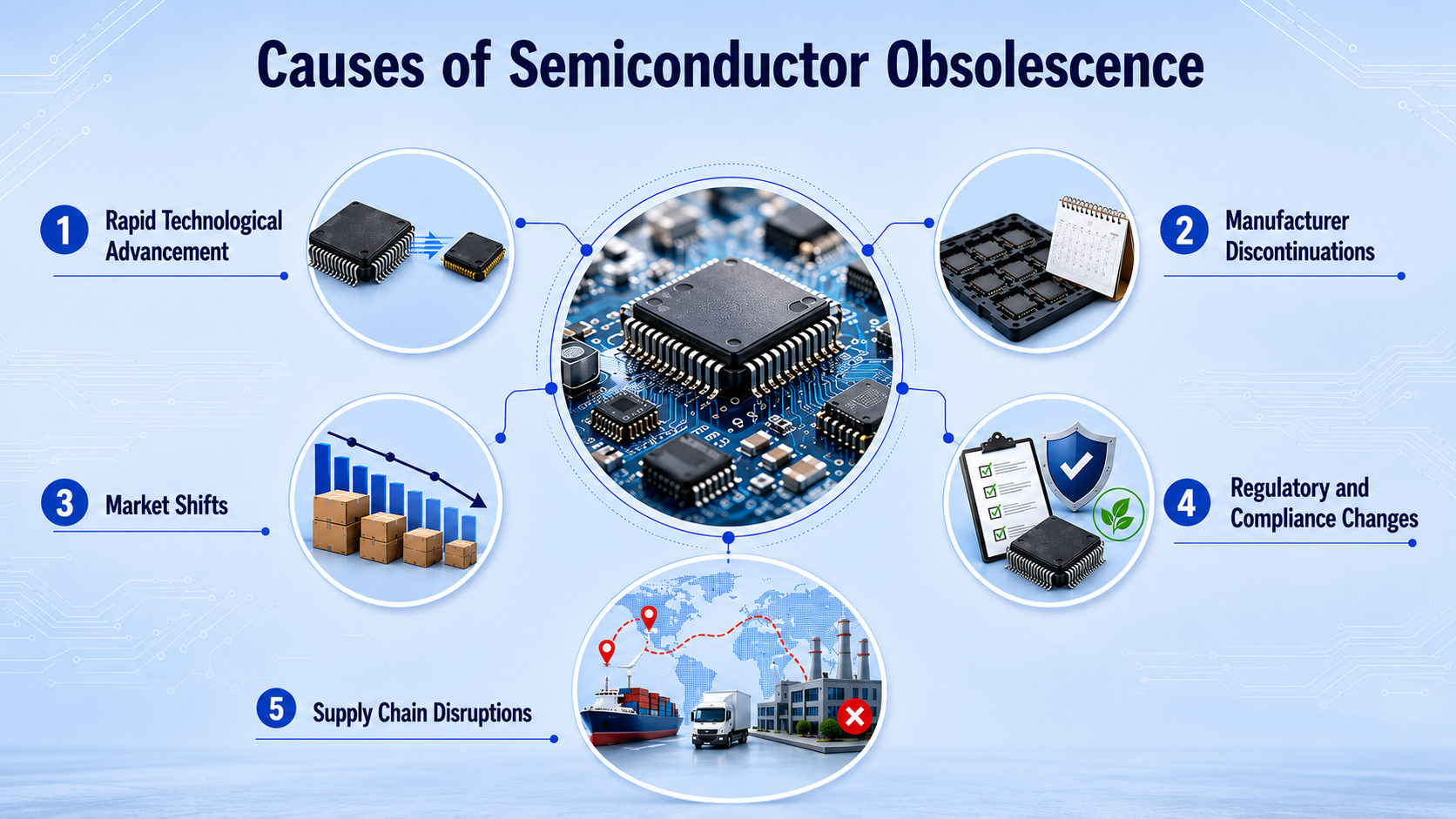 Infographic showing five causes of semi conductor obsolescence