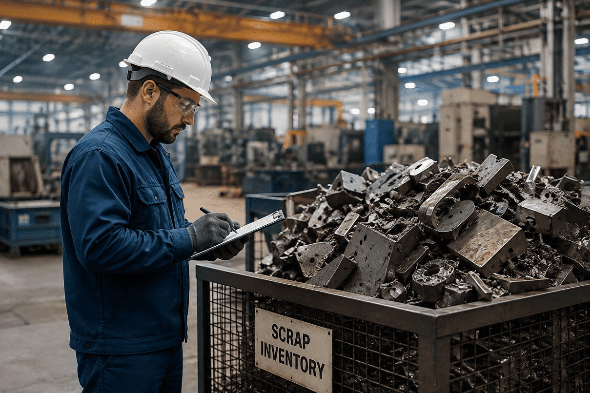 Worker inspecting and recording scrap inventory in a metal bin filled with discarded industrial parts inside a manufacturing facility.