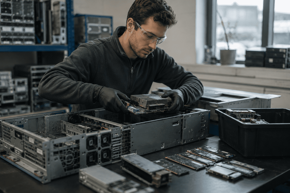 Technician wearing safety glasses and gloves harvesting reusable components from decommissioned servers, with circuit boards and memory modules on a workbench.