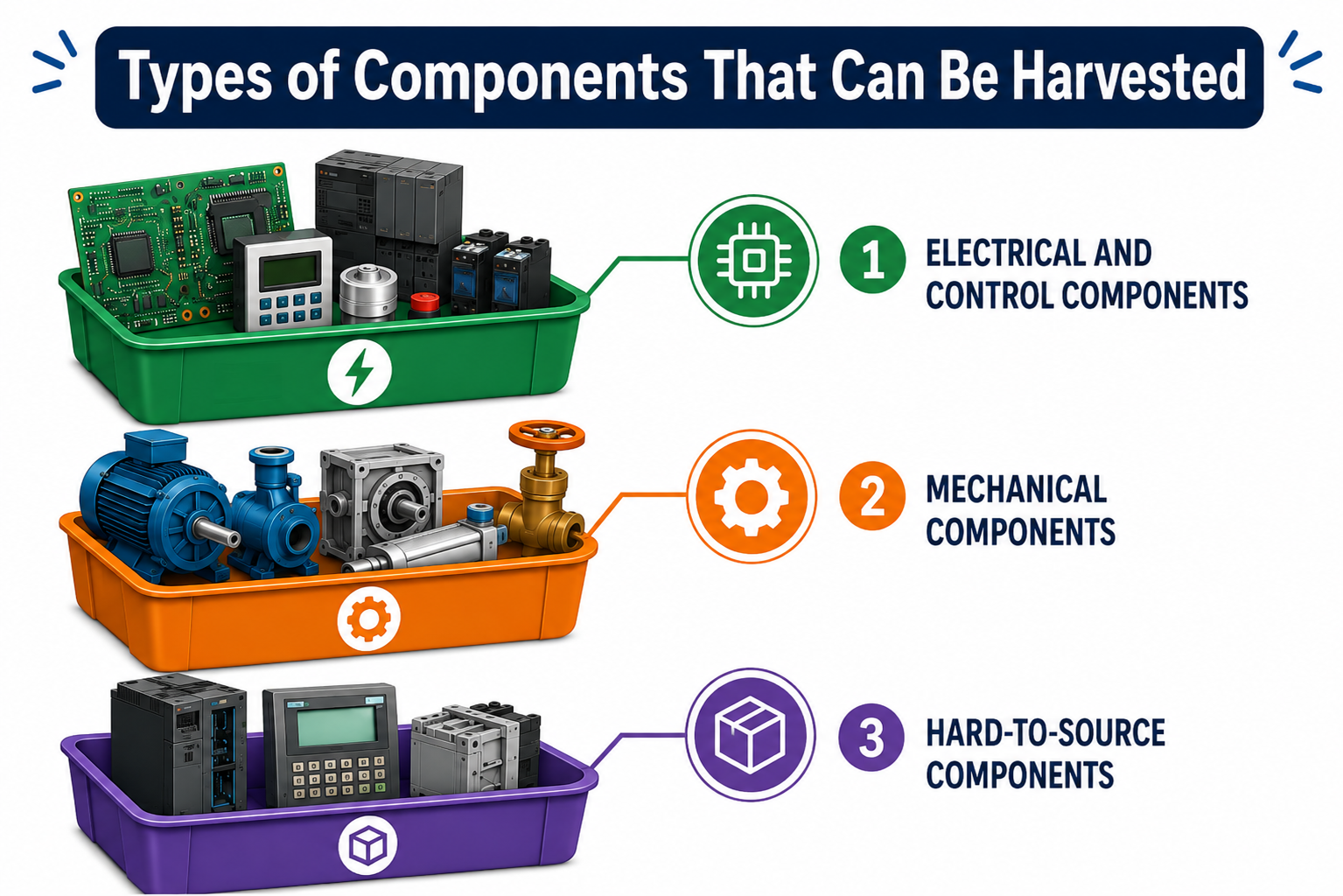 Infographic showing three types of harvestable components: electrical and control components, mechanical components, and hard-to-source industrial components.