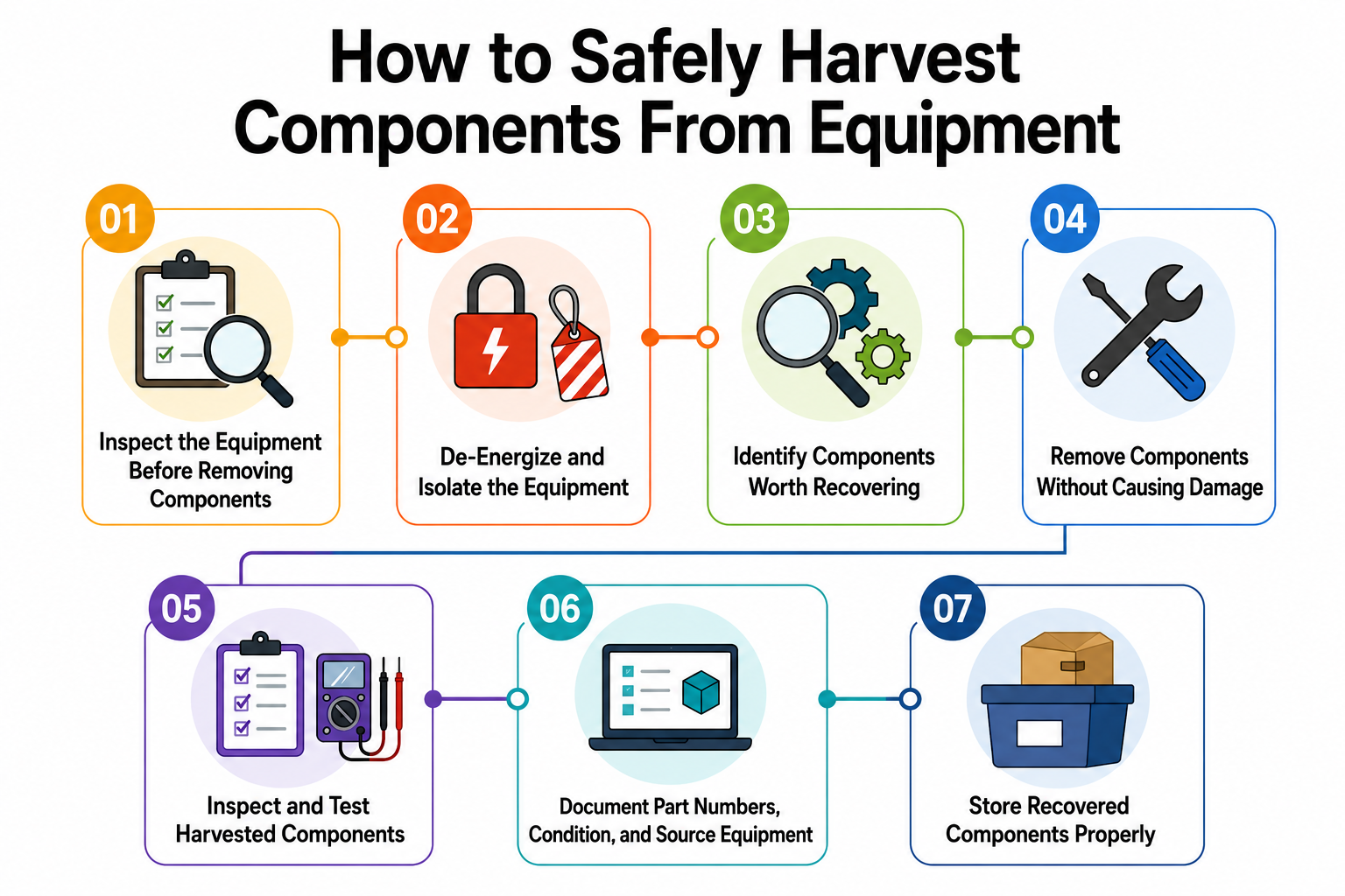 Seven-step infographic explaining how to safely harvest equipment components, from inspection and de-energizing to testing, documenting, and proper storage.