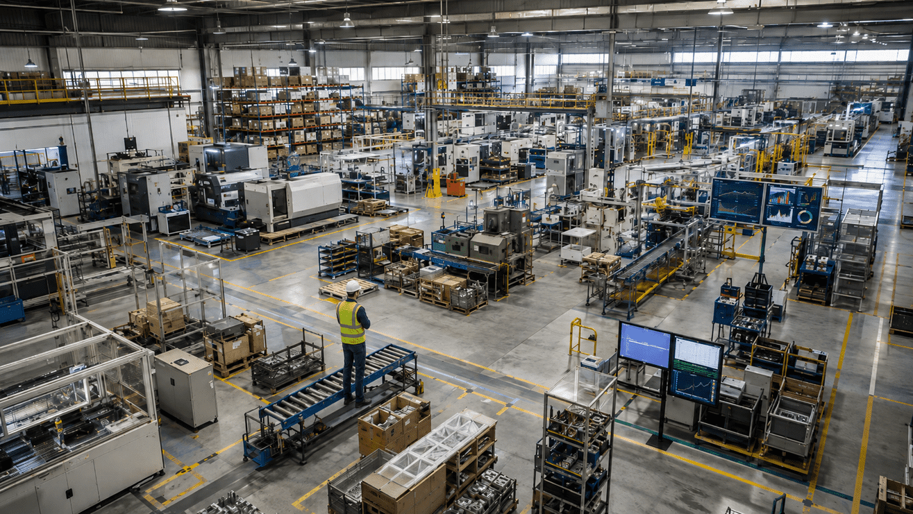 Worker conducting an operational assessment on a large manufacturing plant floor with industrial machinery, production lines, and monitoring screens.