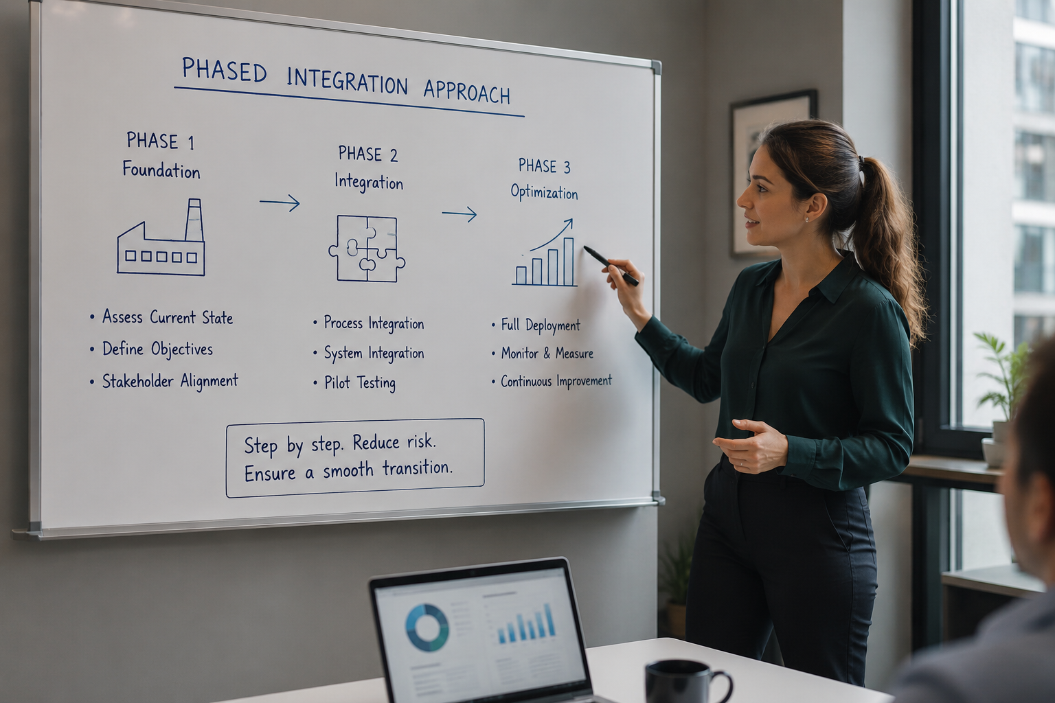 Woman presenting a phased integration approach on a whiteboard, outlining assessment, process integration, testing, deployment, and optimization stages.